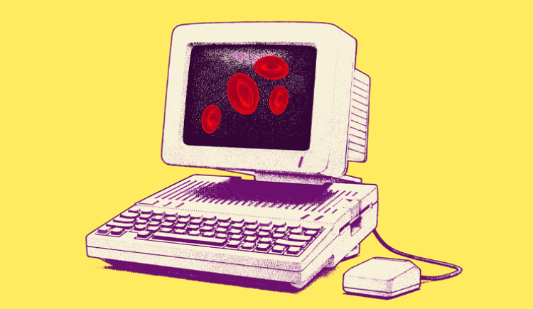 A drawing of a computer with red blood cells displayed on the screen