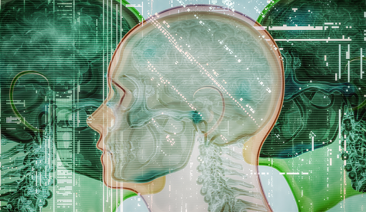 Three images of human brains/spinal cords superimposed onto a green motherboard.