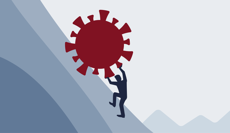 A stylized drawing of a dark blue human figure pushing a large, red virus up a hill