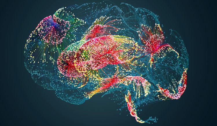 An abstract drawing of a teal brain with bright patches of color