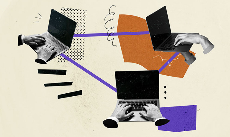 A collage of three grayscale laptops with typing hands connected by a purple line with abstract shapes in the background