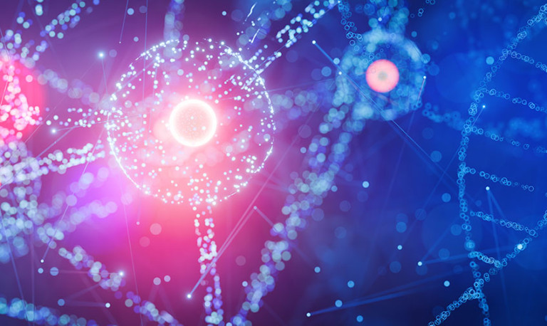 Abstract illustration of glowing DNA strands and molecular structures in blue and pink.