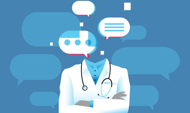 An illustration of a doctor in a white coat with speech bubbles representing a digital dialogue between the doctor and an AI chatbot.