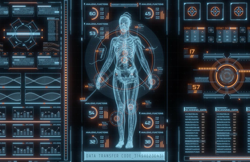 Digital illustration of human body on a futuristic computer screen