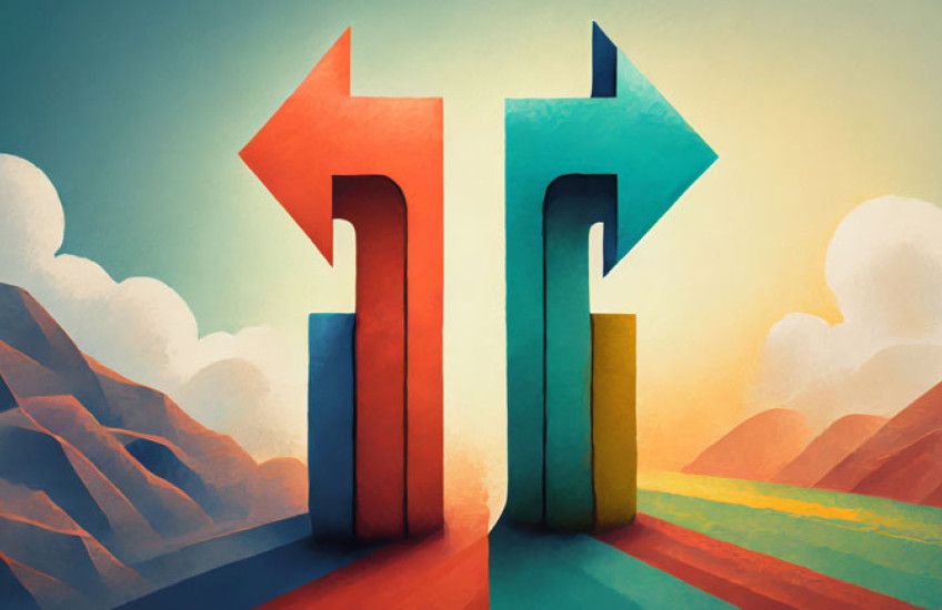 An abstract drawing of a red arrow pointing left and a green arrow pointing right