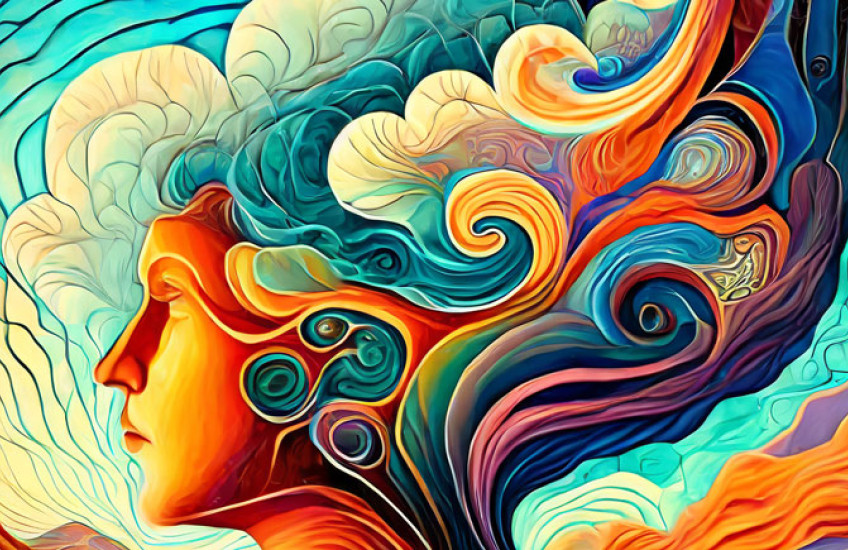 An abstract, colorful image of a human profile with swirling patterns behind the face
