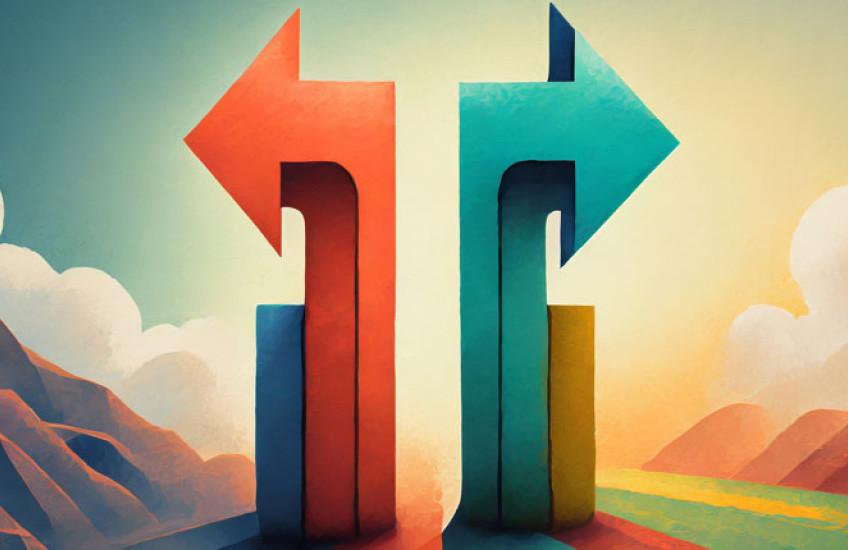 An abstract drawing of a red arrow pointing left and a green arrow pointing right