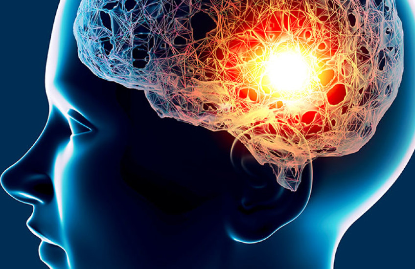 Digital illustration of human head in profile, with the brain illuminated
