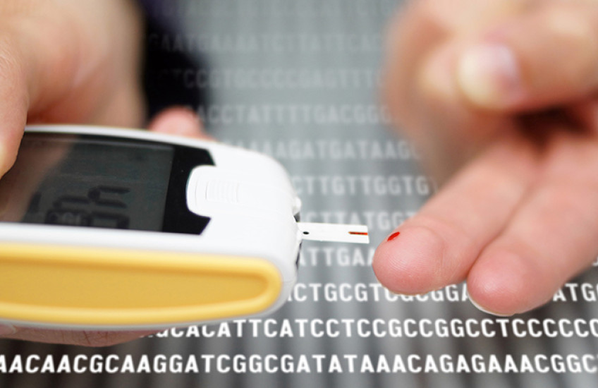 hands of a person doing a finger-stick blood sugar test. instead of a tabletop, the surface shows lines of DNA code