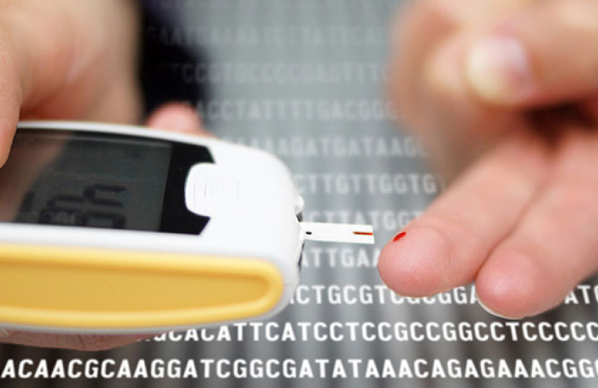 hands of a person doing a finger-stick blood sugar test. instead of a tabletop, the surface shows lines of DNA code