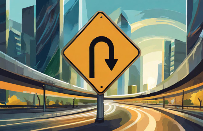 An illustration of yellow U-turn sign on a curved highway