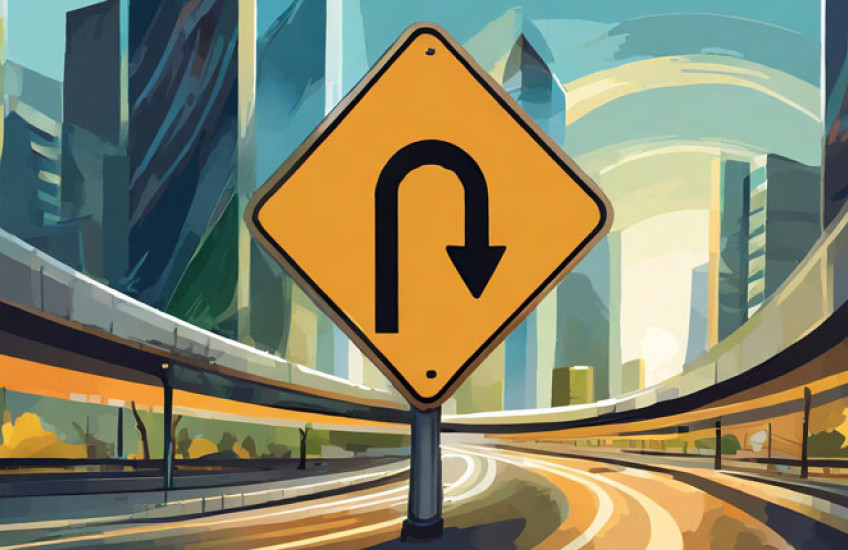 An illustration of yellow U-turn sign on a curved highway