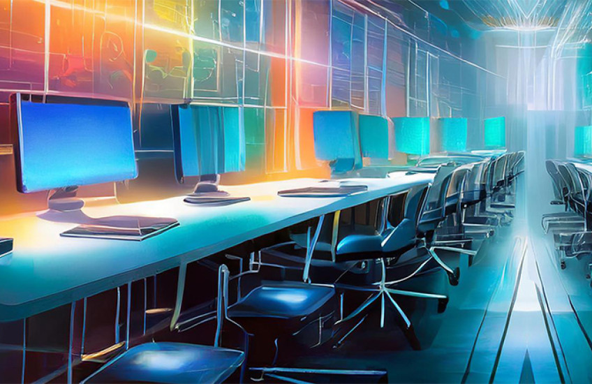 illustration of a row of computers on a long desk disappearing into the distance
