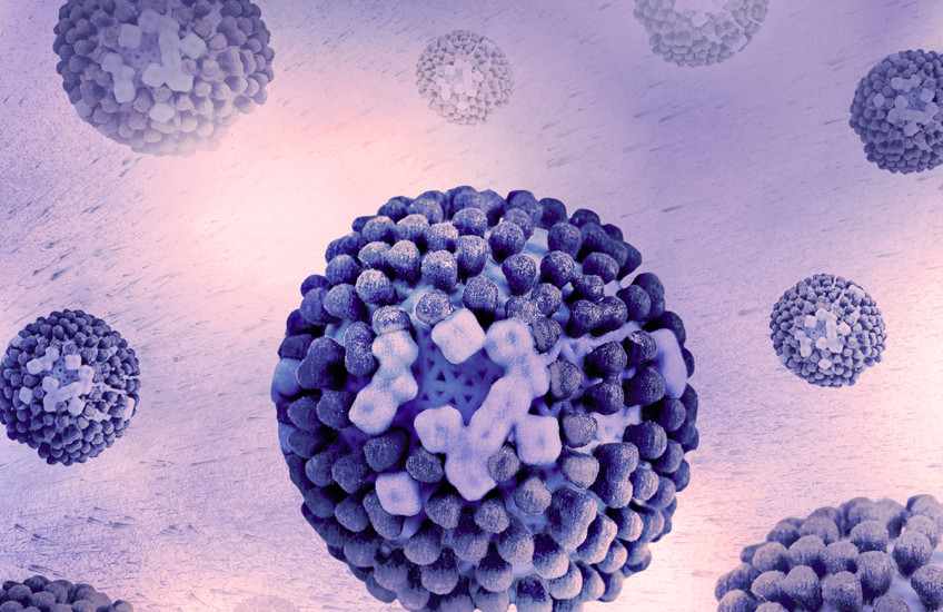 Several spheres made up of layers of different geometric shapes and various shades of purple and blue float in a pink background. 