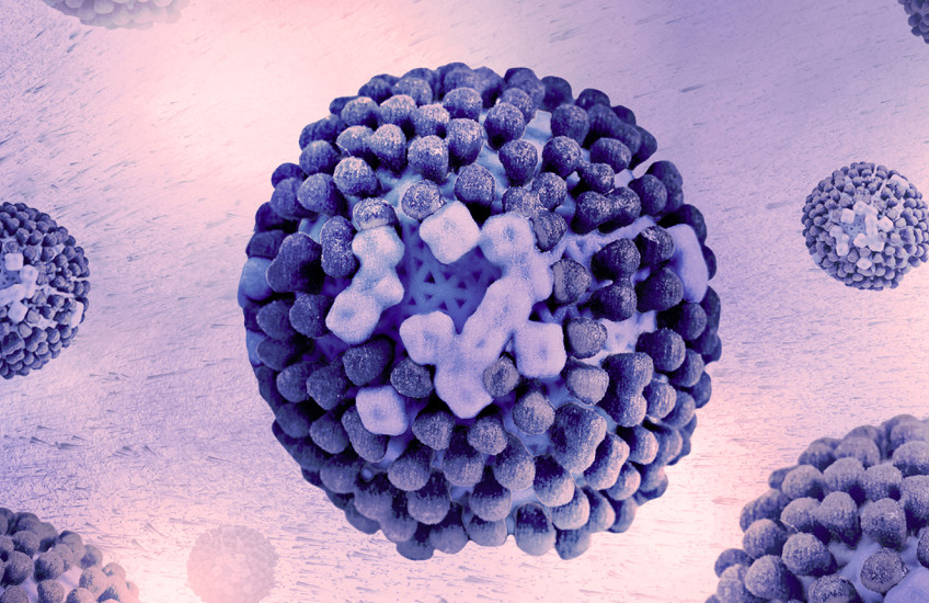 Several spheres made up of layers of different geometric shapes and various shades of purple and blue float in a pink background. 