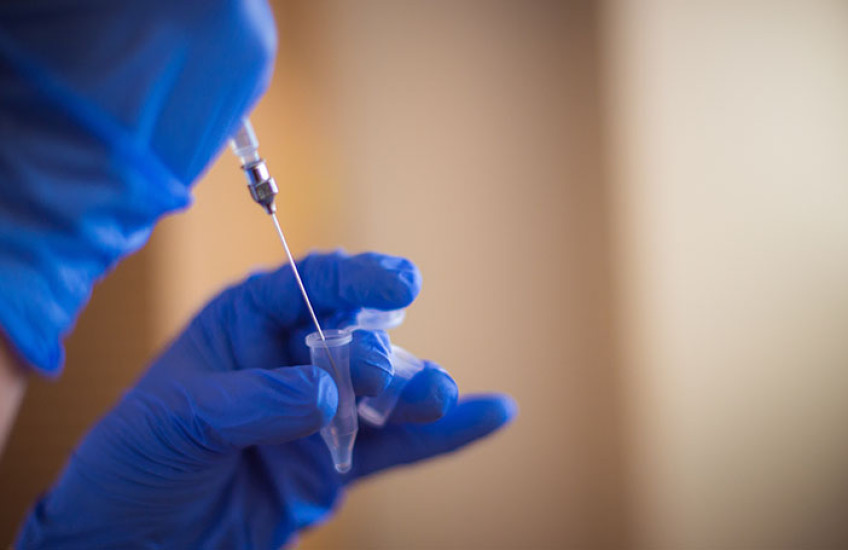 blue-gloved hands holding a syringe and a small test tube