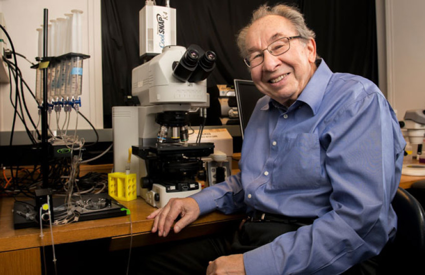 A photo of Ed Kravitz in a blue shirt sitting in front of a microscope at a lab bench