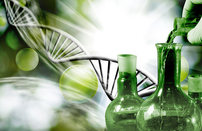 artistic rendering of DNA and a gloved hand pouring liquid into a beaker