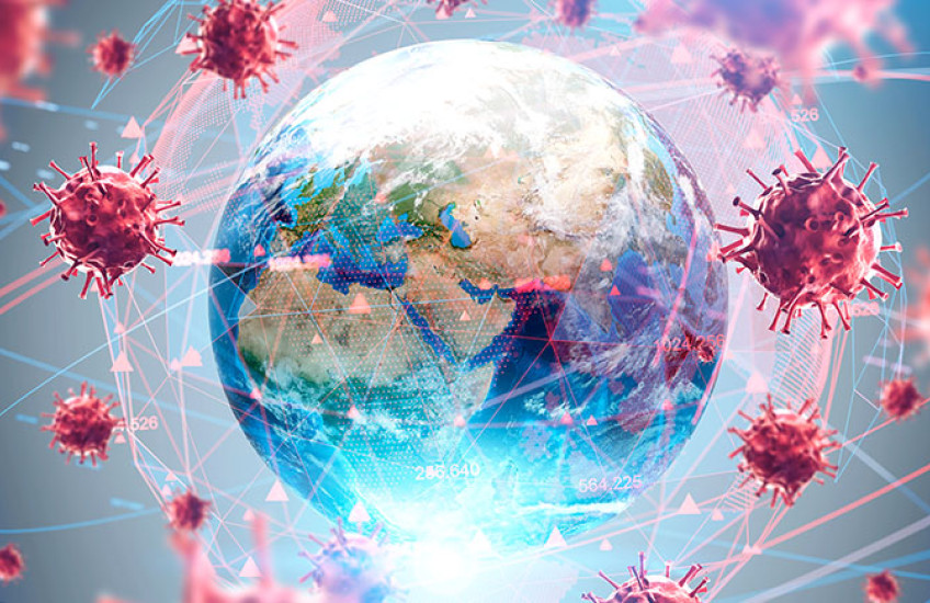 Digital image of Earth surrounded by COVID virus particles