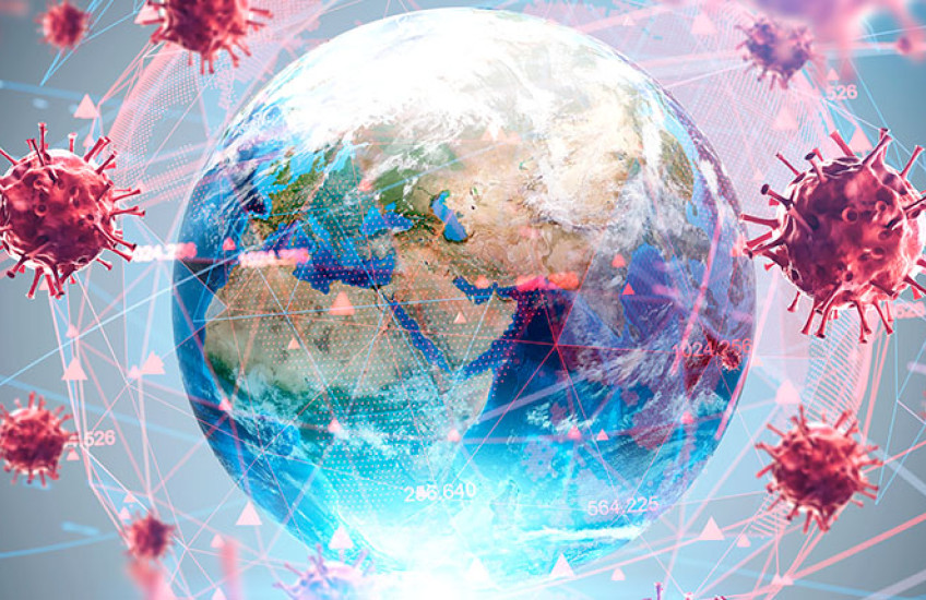 digital art of Earth surrounded by COVID virus particles