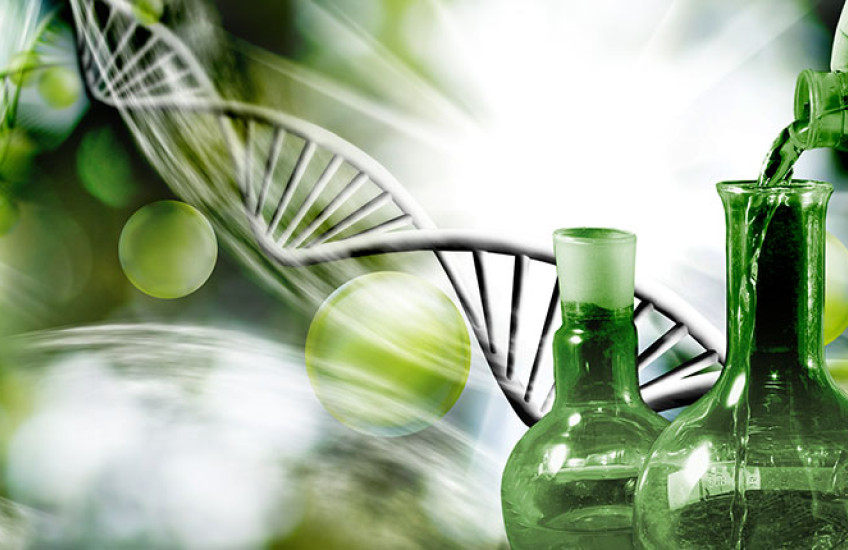 artistic rendering of DNA and a gloved hand pouring liquid into a beaker