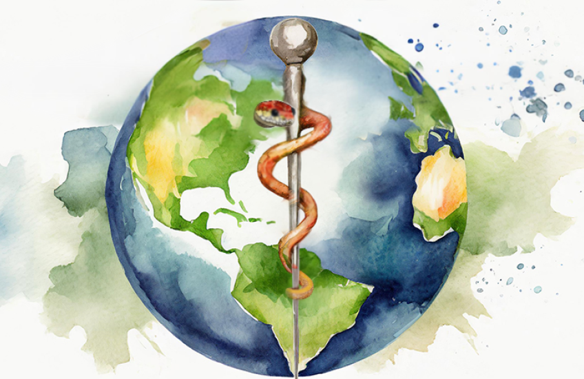 Rod of Aesclepius in front of a globe, all in watercolor style