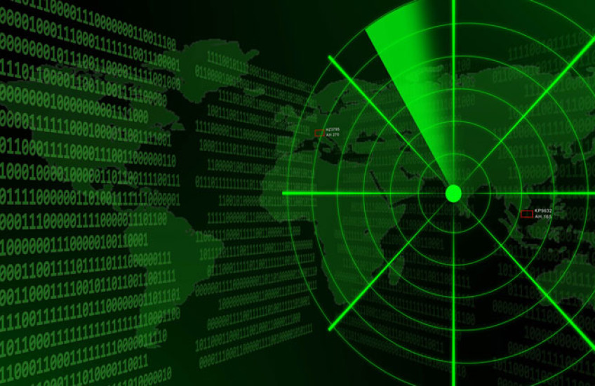 A green and black graphic with a radar target, binary code, and a world map
