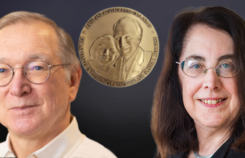 Gordon Freeman and Arlene Sharpe with the Hamburg Award on a dark background