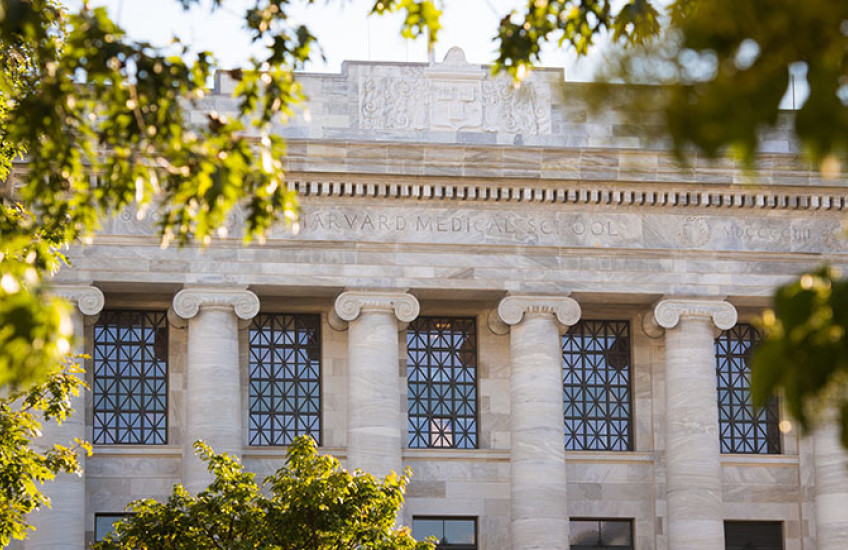 Photo of Gordon Hall on the HMS campus, framed by trees