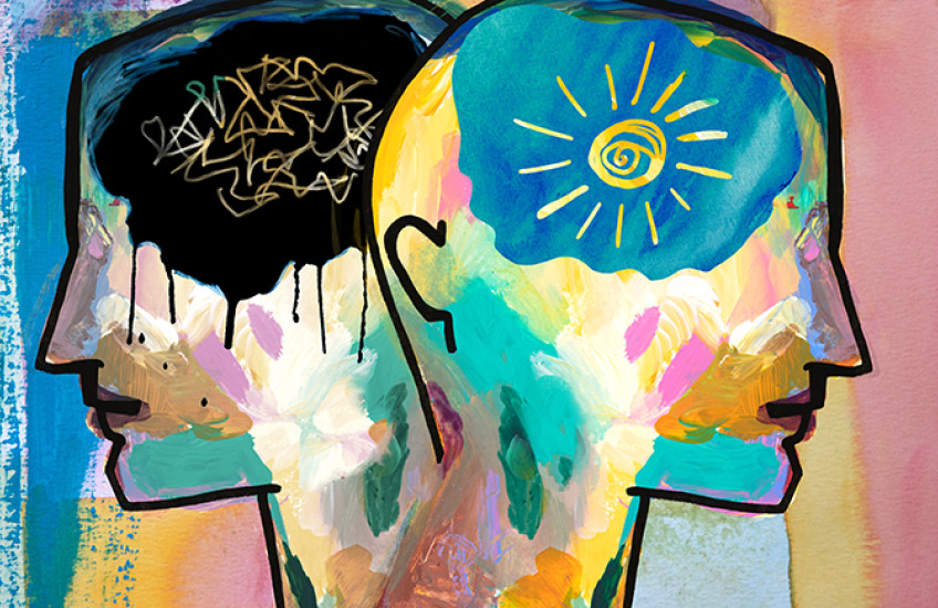 Artwork depicts two silhouetted heads facing away from each other. One has a dark cloud with scrambled lines in it where the brain would be, representing low mood. The other head has a shining sun.