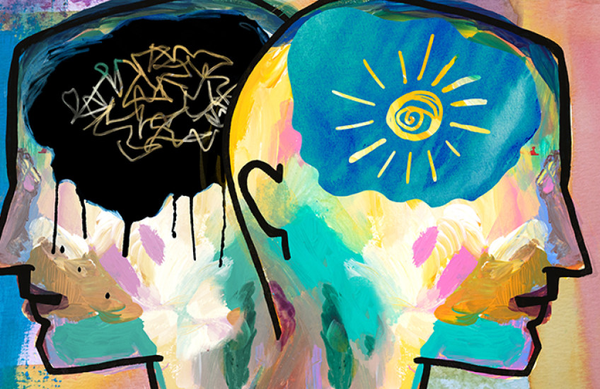 Artwork depicts two silhouetted heads facing away from each other. One has a dark cloud with scrambled lines in it where the brain would be, representing low mood. The other head has a shining sun.