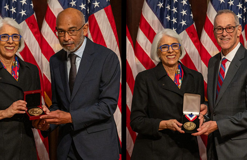 On the left, Emery Brown receives the National Medal of Science at the Eisenhower Executive Office Building in Washington, D.C. On the right, David Walt receives the National Medal of Technology and Innovation