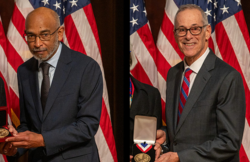 Images of Emery Brown and David Walt holding medals