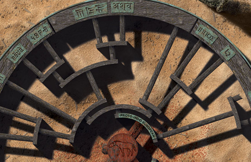 Photorealistic illustration of a wheel with a horse at the center and the word “horse” in different languages along the rim