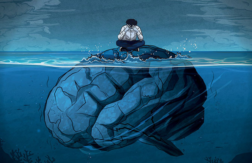 Animation of a brain submerged in water and a human sitting on top clutching their head in their hands.