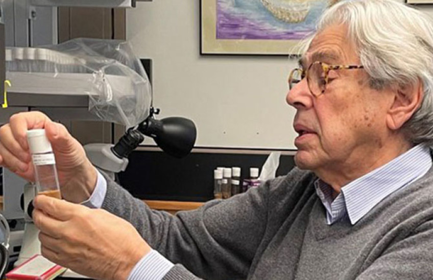 A professor sitting at a lab bench looking at a small plastic container