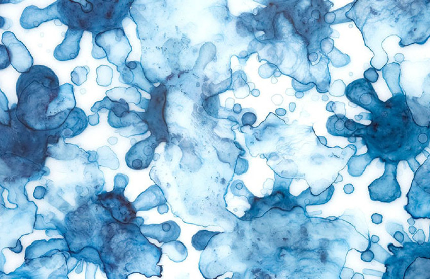 A watercolor painting of spiky blue circles, an evocative artist’s interpretation of viruses.