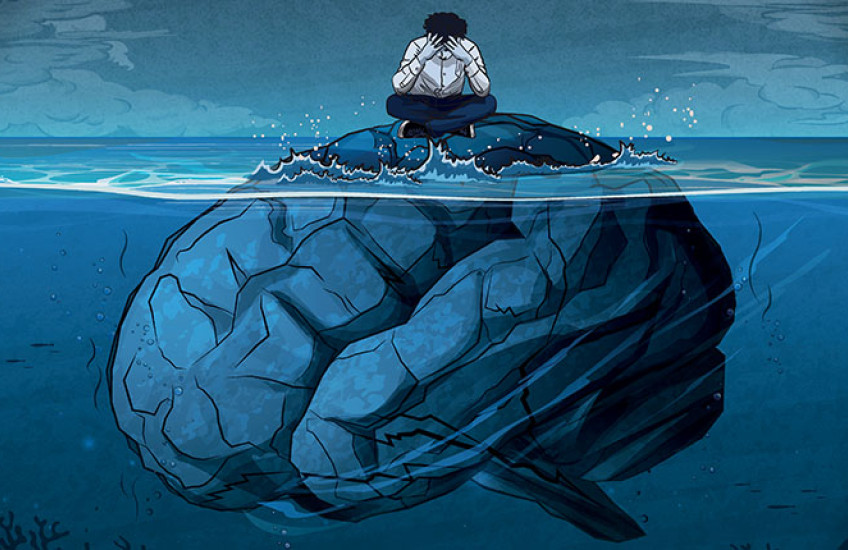 Animation of a brain submerged in water and a human sitting on top clutching their head in their hands.