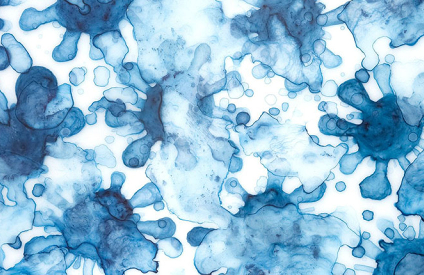 A watercolor painting of spiky blue circles, an evocative artist’s interpretation of viruses.
