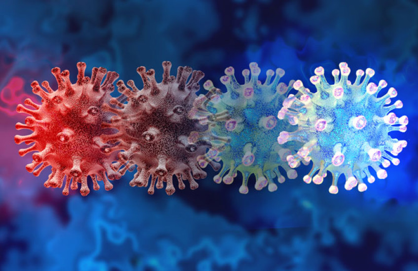 A row of four slightly overlapping COVID-19 viruses, transitioning from red on the left to blue on the right