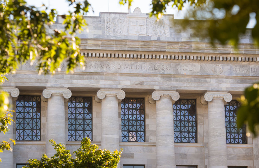 Facade of Harvard Medical School’s Gordon Hall with columns, seen through tree branches.