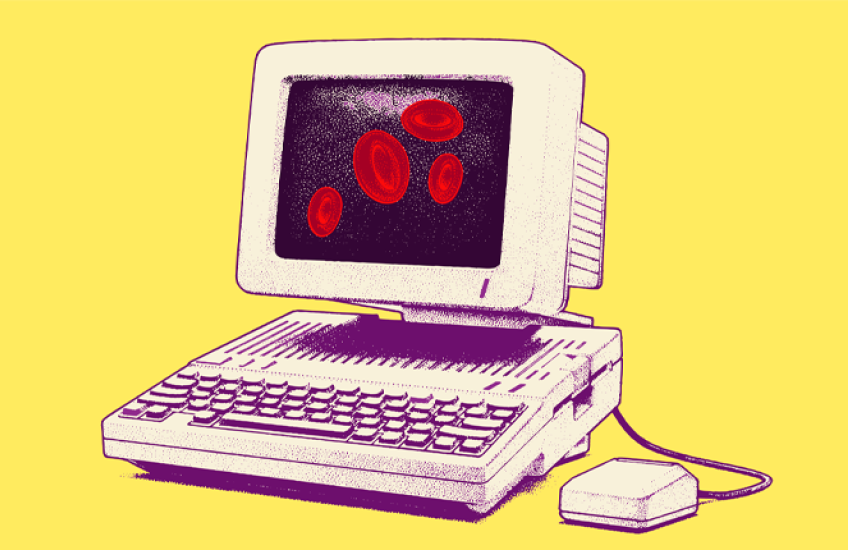 A drawing of a computer with red blood cells displayed on the screen