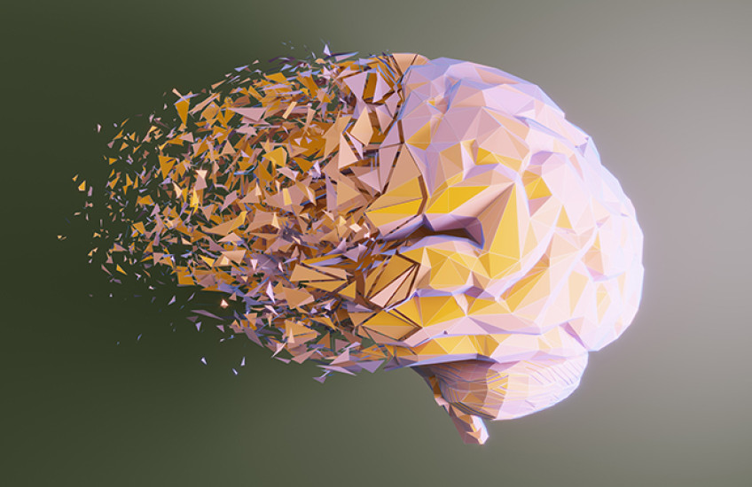 Artistic rendition of a brain with a mosaic-textured surface breaking apart in the front