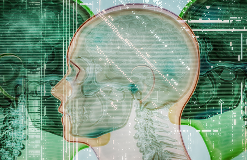 Three images of human brains/spinal cords superimposed onto a green motherboard.
