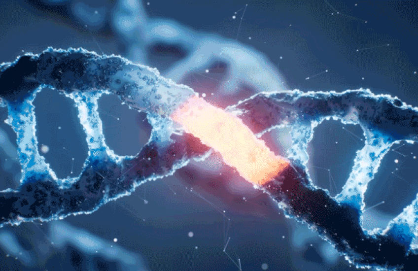 A rotating, blue, helical DNA ladder with a glowing orange section