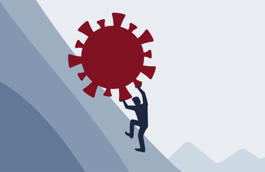 A stylized drawing of a dark blue human figure pushing a large, red virus up a hill