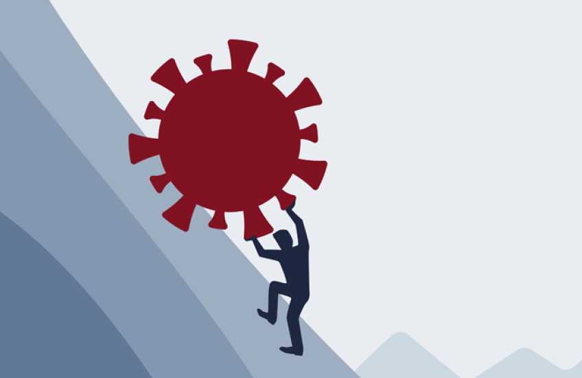 A stylized drawing of a dark blue human figure pushing a large, red virus up a hill