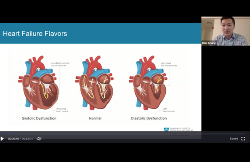 screen grab of Chang on video screen and slide with digital illustrations of a heart
