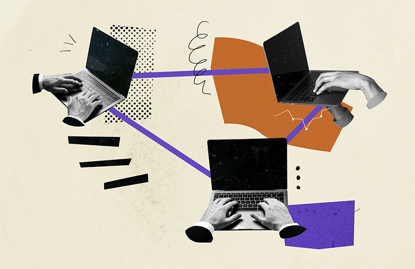 A collage of three grayscale laptops with typing hands connected by a purple line with abstract shapes in the background
