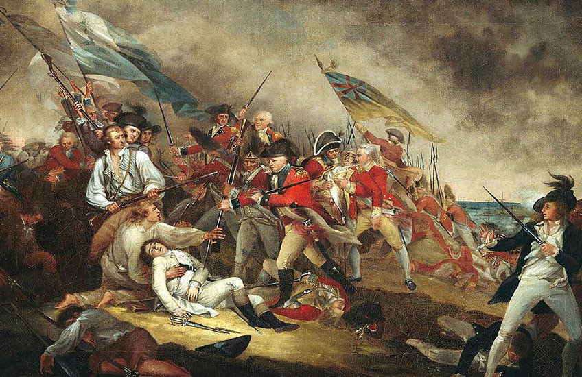 Photograph of the John Trumbull painting “The Death of General Warren at the Battle of Bunker’s Hill, June 17, 1775” depicts Colonial and British soldiers on a stormy hilltop while Joseph Warren lies mortally wounded in the arms of a comrade.